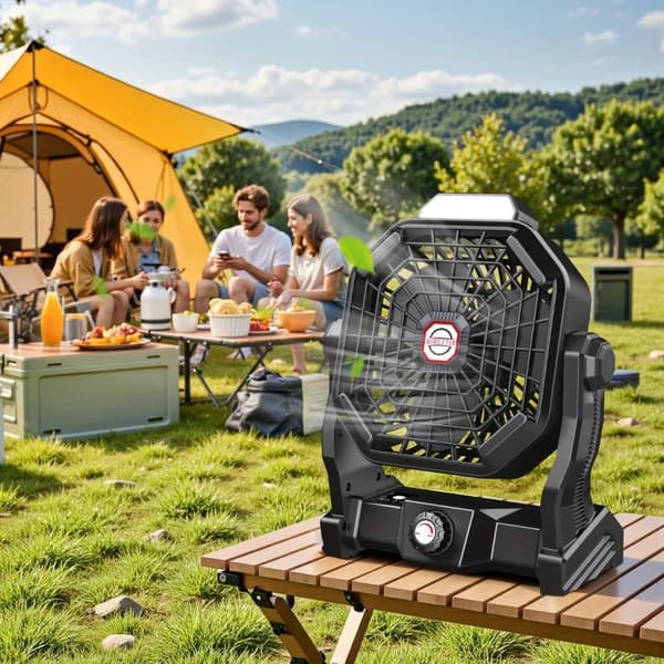 OBOSOE bærbar campingventilator med LED-pære, 7800mAh genopladelig, lydløs blæser til picnic og fiskeri
