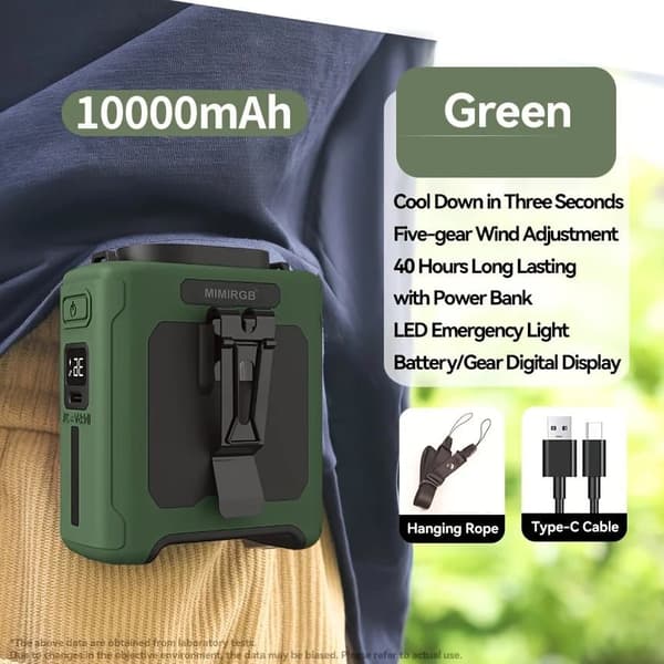 OBOSOE kannettava vyötäröpuhallin 12000 mAh:lla, 5 nopeudella, ladattava handsfree-puhallin ulkoiluun ja matkoille