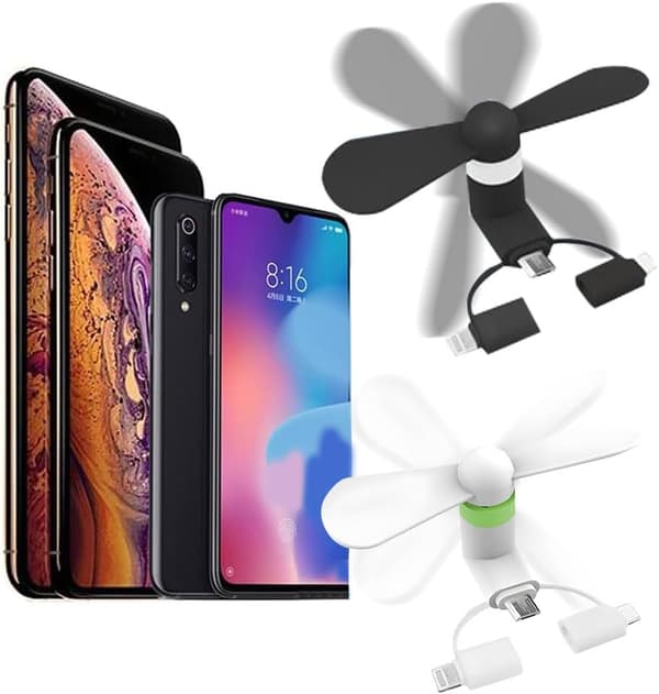 2 st Mini-telefonfläktar, USB-fläktar, 3-i-1 mobiltelefonfläkt, Micro USB/Typ C/Lightning-portfläkt, mini-mobiltelefonfläkt