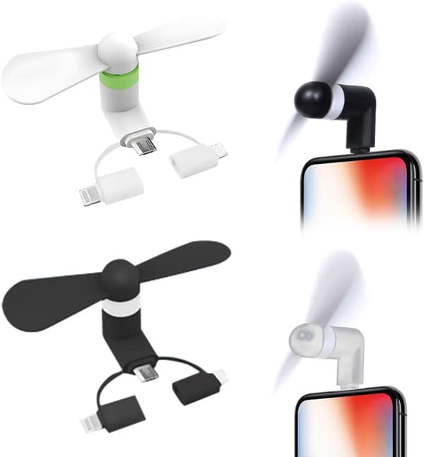 2 st Mini-telefonfläktar, USB-fläktar, 3-i-1 mobiltelefonfläkt, Micro USB/Typ C/Lightning-portfläkt, mini-mobiltelefonfläkt
