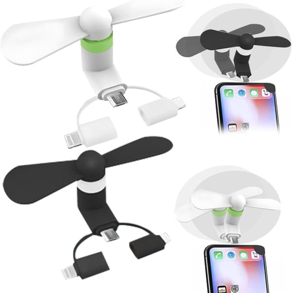 2 st Mini-telefonfläktar, USB-fläktar, 3-i-1 mobiltelefonfläkt, Micro USB/Typ C/Lightning-portfläkt, mini-mobiltelefonfläkt