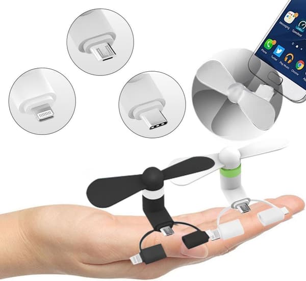 2 st Mini-telefonfläktar, USB-fläktar, 3-i-1 mobiltelefonfläkt, Micro USB/Typ C/Lightning-portfläkt, mini-mobiltelefonfläkt