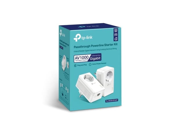 TL-PA7017P Kit AV1000 Gigabit Passthrough - Powerline-adapter - GigE, HomePlug AV (HPAV), HomePlug AV (HPAV) 2.0, IEEE 1901 - kan slutas till vægstik Vit