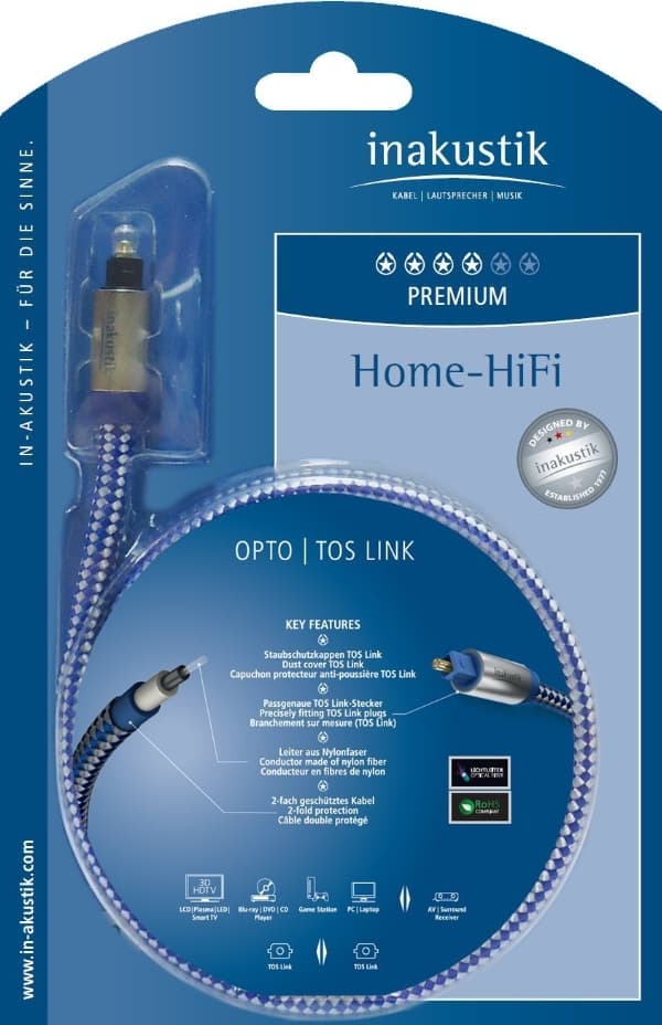 in-akustik Premium Optical Cable - Digital audiokabel (optisk) - TOSLINK hann til TOSLINK hann - 3 m - blå, sølv