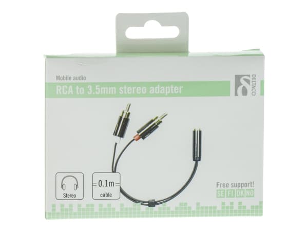 DELTACO AUD-204 - Audioadapter - mini-phone stereo 3.5 mm hunn til RCA x 2 hann - 10 cm - svart