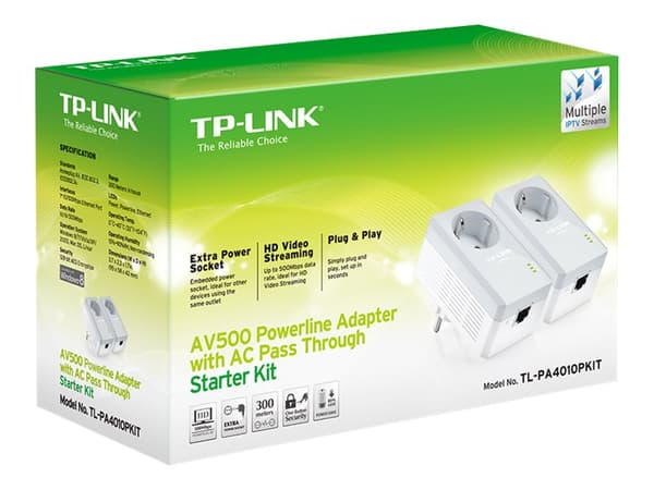 TP-Link TL-PA4010PKIT AV500+ Powerline Kit with AC Pass Through - PowerLine adaptersats HomePlug AV (HPAV) - vägginsticksbar (paket om 2)