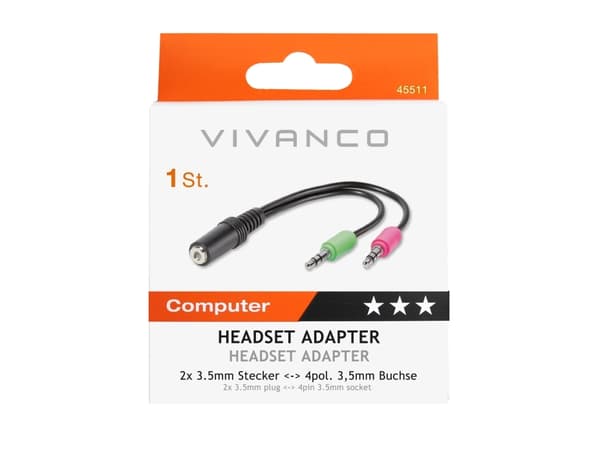 Vivanco Headset Adapter, 2 x 3.5mm, Hankjønn, 3.5mm, Hunkjønn, 0,1 m, Svart