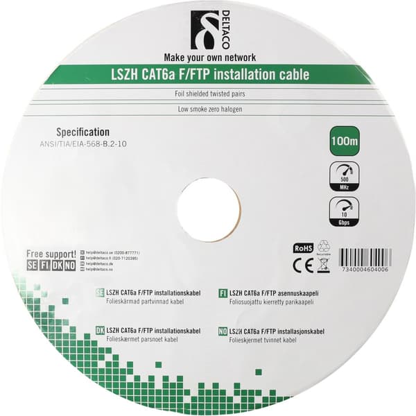 F/FTP Cat6a installation cable, LSZH, 100m box, white