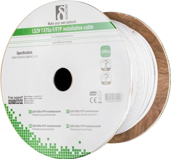 F/FTP Cat6a installation cable, LSZH, 100m box, white