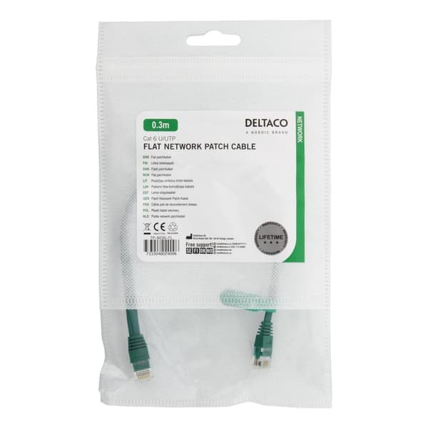 U/UTP Cat6 patch cable, flat, 0.3m, 250MHz, green