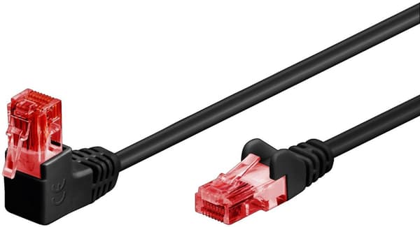 CAT 6 patchkabel, 1x vinklet 90°, U/UTP, svart