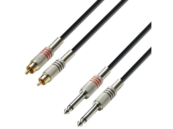 adam hall K3 TPC 0100, 2 x RCA, Hankjønn, 2 x 6.35mm TRS, Hankjønn, 1 m, Sort, Sølv