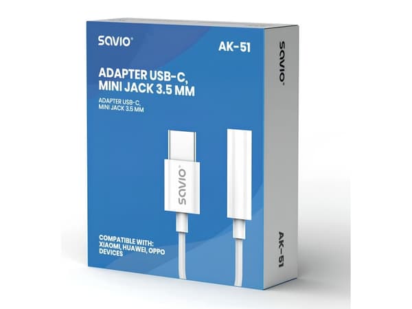 Savio AK-51, 3.5mm, Hunkjønn, USB Type-C, Hankjønn, 0,11 m, Hvit