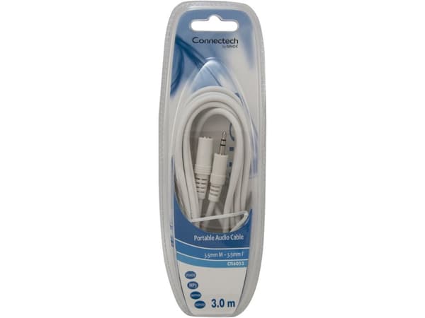 Connectech 3,5mm mini jack forlængerkabel. 3m. Hvid