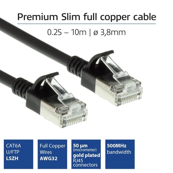 ACT Black 1-metrinen LSZH U/FTP CAT6A datakeskuksen ohut patch-kaapeli, jossa on pätkä RJ45-liittimillä (DC7901)