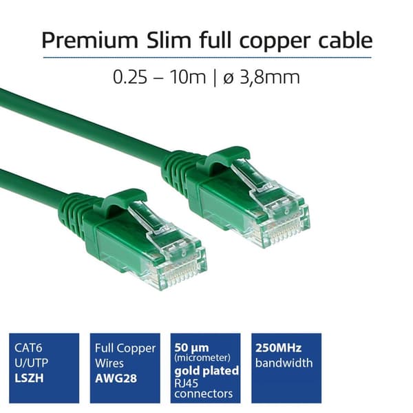 ACT Green 2 metrin LSZH U/UTP CAT6 datakeskuksen ohut patch-kaapeli RJ45-liittimillä CAT6 U/UTP SLIMLINE GN 2.00M (DC9702)