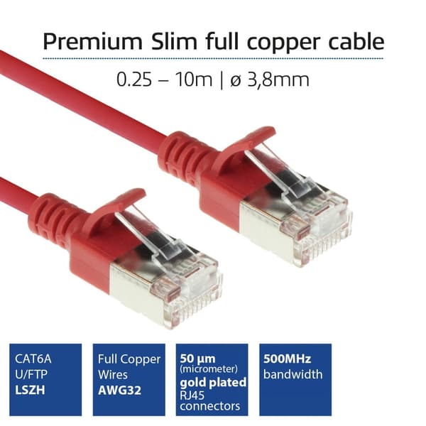 ACT rødt 3 meter LSZH U/FTP CAT6A datacenter slimline patch-kabel uden problemer med RJ45-stik (DC7503)