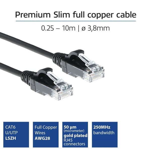 ACT Sort 3 meter LSZH U/UTP CAT6 datacenter slimline patch-kabel med RJ45-stik CAT6 U/UTP SLIMLINE BK 3.00M (DC9903)