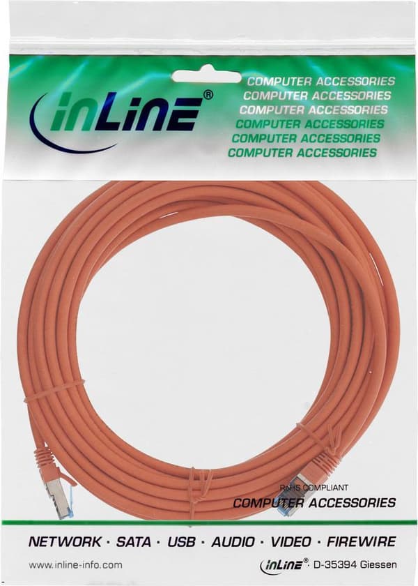 InLine - patchkabel - RJ-45 (M) til RJ-45 (M) - 5,0m - SFTP, PiMF - CAT 6a - halogenfri, uden krog - orange (76805O)