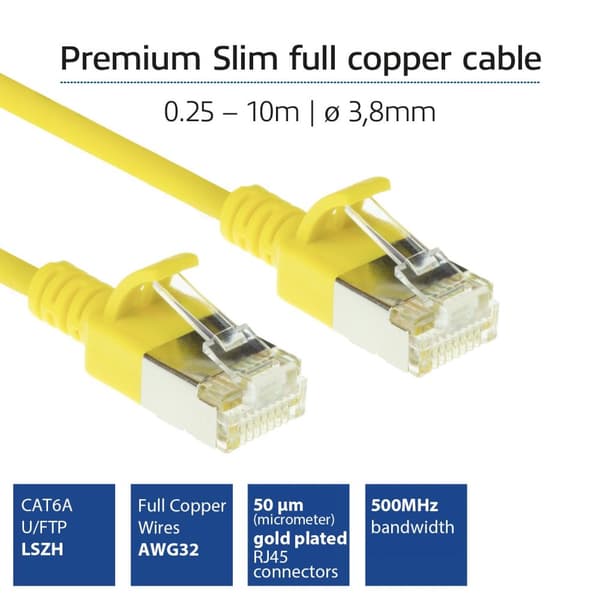 ACT gul 0,25 meter LSZH U/FTP CAT6A datacenter slimline patch-kabel uden problemer med RJ45-stik (DC7852)