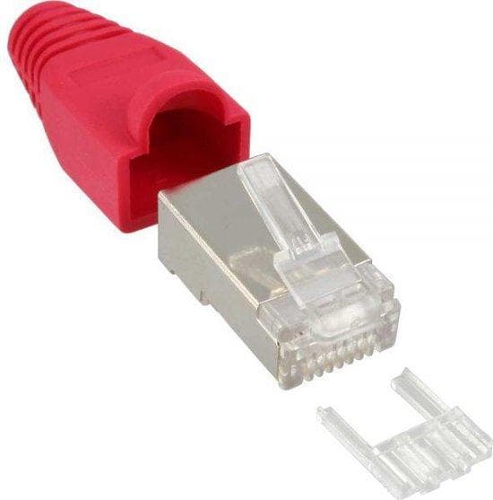InLine - crimpkonnektor RJ45 skærmet - knækbeskyttelse og gevindhjælp - rød - pakke med 10 stk (74510R)