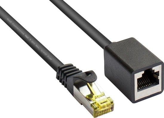 RJ45-jatkokaapelin jatkokaapeli Cat.7 raakakaapelilla ja lukitussuojalla (RNS®), S/FTP, PiMF, halogeeniton, 600MHz, OFC, musta, 3m, Good Connections®