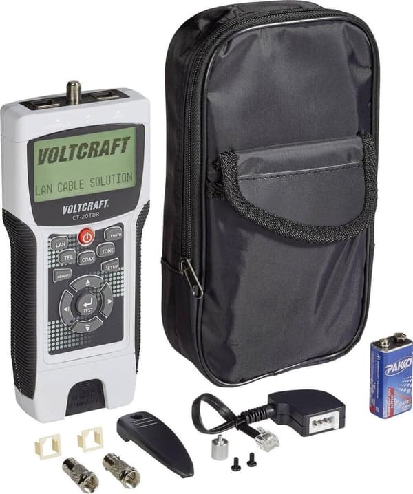 VOLTCRAFT CT-20TDR kaapelitesteri Soveltuu suojatuille/suojaamattomille kaapeleille, CAT3, CAT4, CAT5, CAT5e, CAT6, koaksiaali