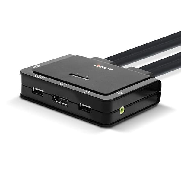 Lindy 2 Port DisplayPort 1.2, USB Type-C, USB 2.0 & Audio Kabel KVM Switch Styrer en DisplayPort PC og en USB Type-C bærbar med én konsol (42346) Sort