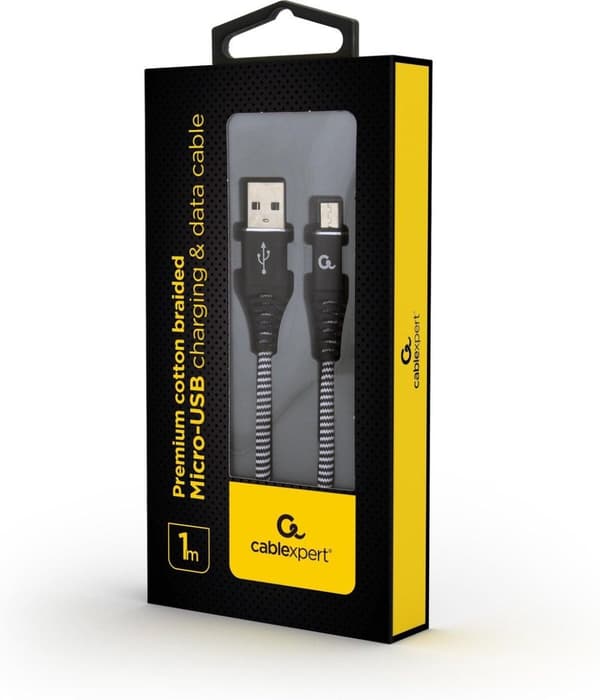 Premium micro USB lataus- ja datakaapeli 'puuvilla', 1 m, musta/valkoinen