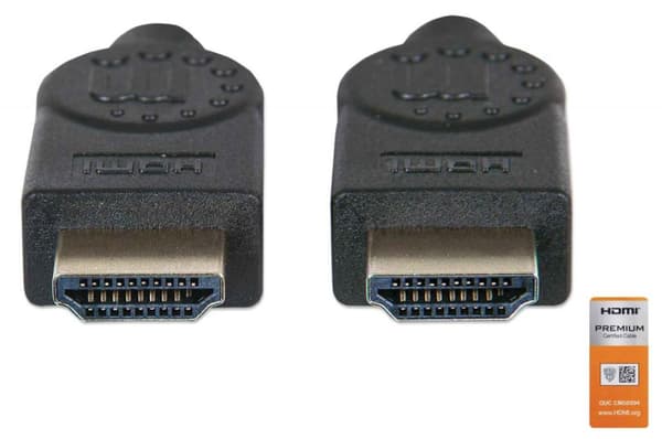 Manhattan 355353 Premium højhastigheds HDMI-kabel med Ethernet-kanal 4K@60Hz, HEC, ARC, 3D, 18 Gbit/s båndbredde, HDMI han til HDMI han, skærmet, sort