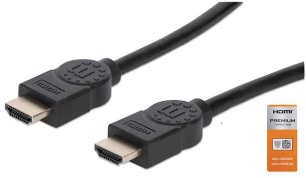 Manhattan 355353 Premium High Speed HDMI-kabel med Ethernet-kanal 4K@60Hz, HEC, ARC, 3D, 18 Gbit/s bandbredd, HDMI hane till HDMI hane, skärmad, svart