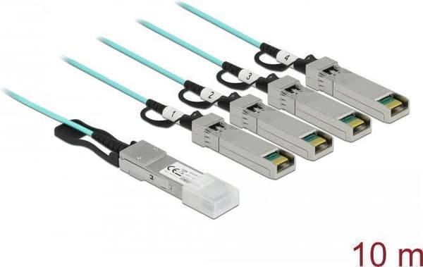 Delock - Direkte forbindelseskabel - QSFP+ (M) til SFP+ (M) - 10,0m - 3 mm - fiberoptisk - SFF-8436 - Aktivt optisk kabel (AOC) - akvamarin (84073)