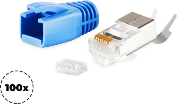 shiverpeaks ®-BASIC-S--Netværksmodulstik RJ45 SET til installationskabler op til AWG 23, stik med trækaflastning, indføringshjælp og gennemføring, blå
