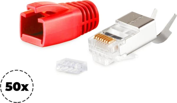 S/CONN maksimalt netværksmodulært stik RJ45 SET til installationskabler op til AWG 23, stik med trækaflastning, indføringshjælp og gennemføring, rød V