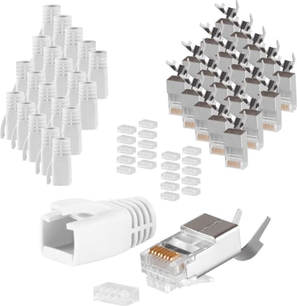 S/CONN maksimalt netværksmodulært stik RJ45 SET til installationskabler op til AWG 23, stik med trækaflastning, indføringshjælp og gennemføring, hvid