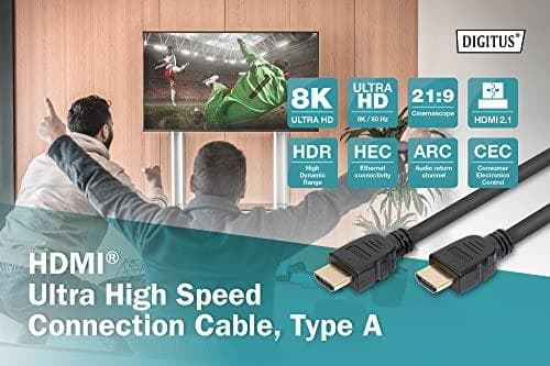 Digitus ASSMANN - Ultra High Speed HDMI Ethernet-kaapelilla - HDMI (M) - HDMI (M) - 5 m - Kolminkertainen eristys - Musta - 8K-tuki, Dolby DTS-HD Mast