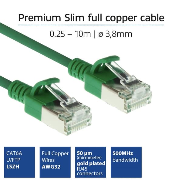 ACT Grön 3 meter LSZH U/FTP CAT6A datacenter slimline patchkabel utan hak med RJ45-kontakter (DC7703)