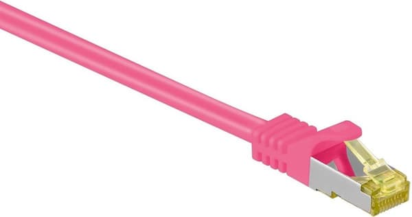 RJ45 patchkabel med Cat.7 råkabel og låsebeskyttelse (RNS®), S/FTP, PiMF, halogenfri, 600MHz, OFC, magenta, 25m, Good Connections® (8070R-250M)