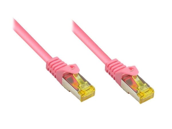 RJ45 patchkabel med Cat.7 råkabel og låsebeskyttelse (RNS®), S/FTP, PiMF, halogenfri, 600MHz, OFC, magenta, 25m, Good Connections® (8070R-250M)