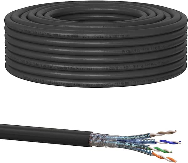S/FTP Cat7 installationskabel, för utomhusbruk, 100m, svart