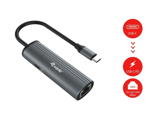 Utrusta USB-C till RJ45 Gigabit nätverk + PD-adapter - USB Typ-C - RJ-45 - USB 3.2 Gen 1 (3.1 Gen 1) Typ-C - 1000 Mbps - Svart - Grå - Aluminium - 100