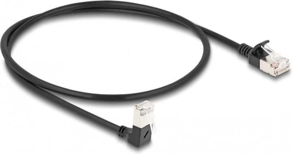 Delock RJ45 -verkkokaapeli Cat.6A S/FTP Ohut 90° kulmassa alaspäin / suora 0,5 m musta (80304)