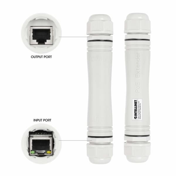 INTELLINET Ultra Long Range Outdoor Fast Ethernet PoE+ Extender Set Förlänger PoE-räckvidden upp till 1000 m, en PD-port upp till 95 W, IEEE 802.3bt-k