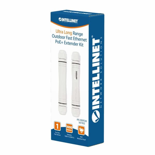 INTELLINET Ultra Long Range Outdoor Fast Ethernet PoE+ Extender Set Förlänger PoE-räckvidden upp till 1000 m, en PD-port upp till 95 W, IEEE 802.3bt-k