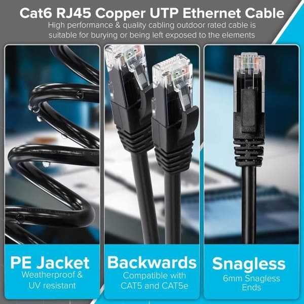Ethernet-kabel - MAPLIN - CAT6 - 50m - Väderbeständig - Svart