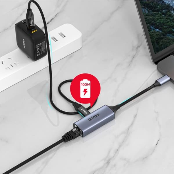 USB-C till Gigabit Ethernet-adapter - UNITEK - Power Delivery 100W - 5 Gbps - Bakåtkompatibel med USB 2.0/1.1