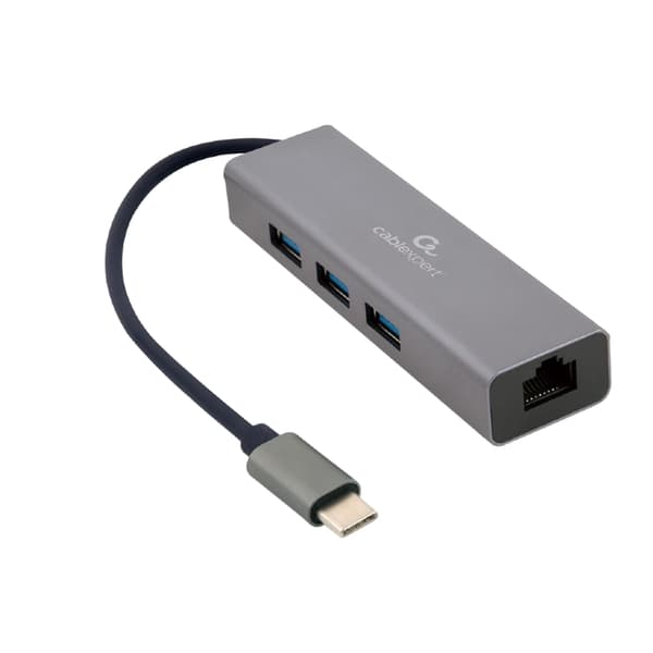 USB-C-verkkosovitin, jossa on 3x USB 3.1 -porttia ja 1x RJ45-gigabitin LAN-verkko