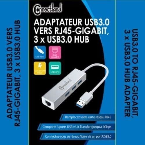 Connectland USB3 till Ethernet-adapter 10/100/1000 Mbps + 3X aluminium HUB