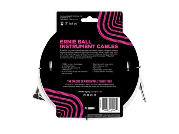 Ernie Ball P06047, 6.35mm, Hankjønn, 6.35mm, Hankjønn, 6,09 m, Hvit