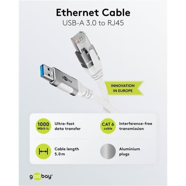 Ethernet-kabel USB-A 3.0 till RJ45 - GOOBAY - 5 meter - Plug-and-play - Svart